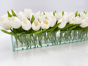 Modern Long White REAL TOUCH Tulip Arrangement Artificial Faux Centerpiece Floral Flower Arrangement Faux Flowers Glass Vase French Decor