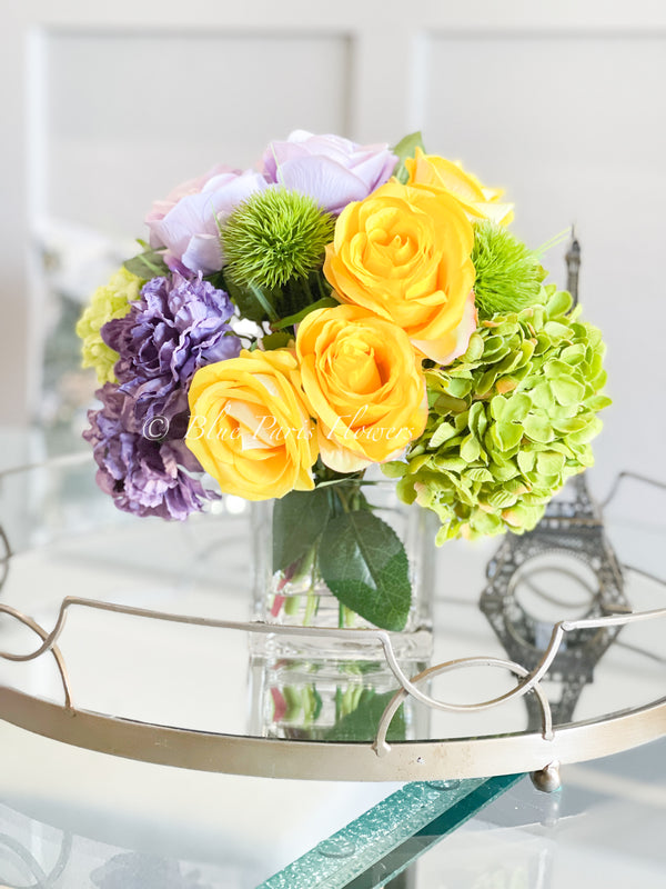 Modern Floral Arrangement | French Country | Table Centerpiece, Yellow, Lavender | Unique Floral Faux Flowers in Glass Vase for Home Decor