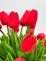 Red Tulips 25 Floral | Modern Arrangement | Real Touch | Artificial Faux Forever Fake Flowers in Glass Vase for Home Decor Blue Paris