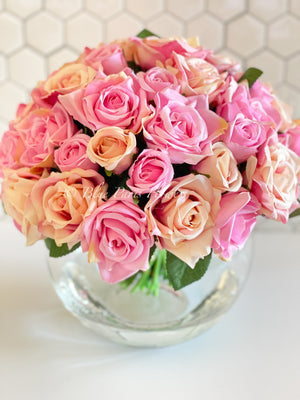 45 Pink & Peach Rose Arrangement Artificial Faux Silk Flowers in Glass Vase, Modern French Decor, Floral Centerpiece, Home Decor Gift