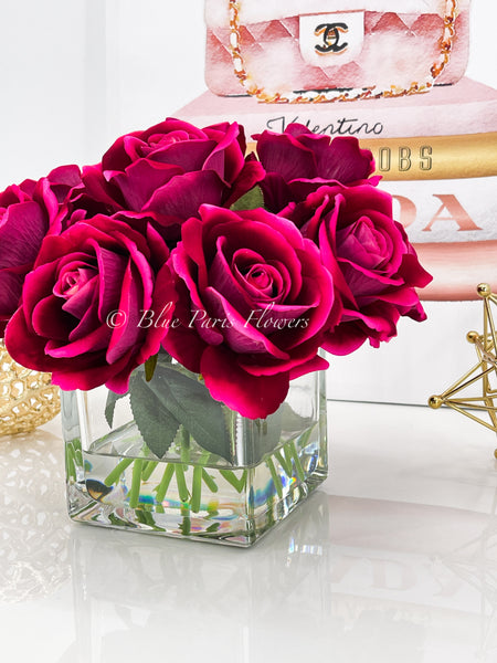 Fuchsia Velvet Roses Arrangement, Artificial Faux Centerpiece, Natural Touch Flowers in Glass Vase Home Decor, Floral Arrangement Blue Paris