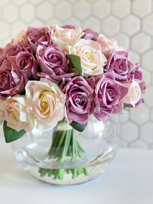 45 Dusty Rose & Peach Rose Arrangement Artificial Faux Silk Flowers in Glass Vase, Modern French Decor, Floral Centerpiece, Home Decor Gift