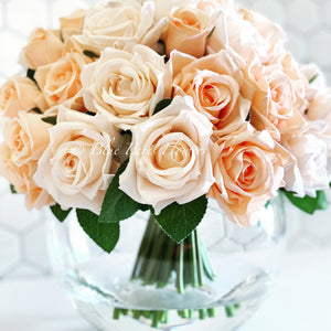 45 Cream & Peach Rose Arrangement Artificial Faux Silk Flowers in Glass Vase, Modern French Decor, Floral Centerpiece, Home Decor Gift Blue Paris