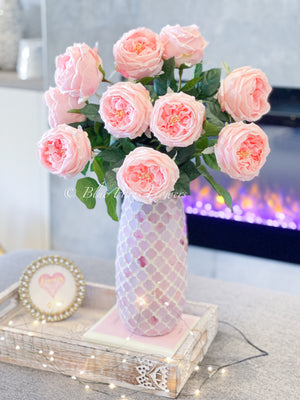 22” Pink Austin Rose Arrangement | Real Touch | French Country | Artificial Faux Forever Flowers in Glass Vase for Home Decor by Blue Paris