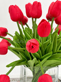 Red Tulips 25 Floral | Modern Arrangement | Real Touch | Artificial Faux Forever Fake Flowers in Glass Vase for Home Decor Blue Paris