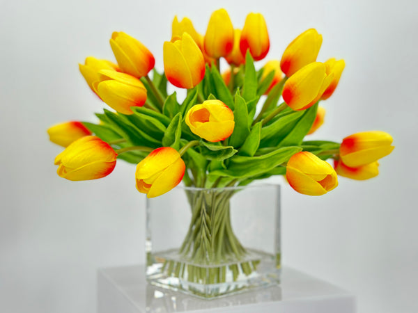 Orange Tulips 25 Floral | Modern Arrangement | Real Touch | Artificial Faux Forever Fake Flowers in Glass Vase for Home Decor Blue Paris