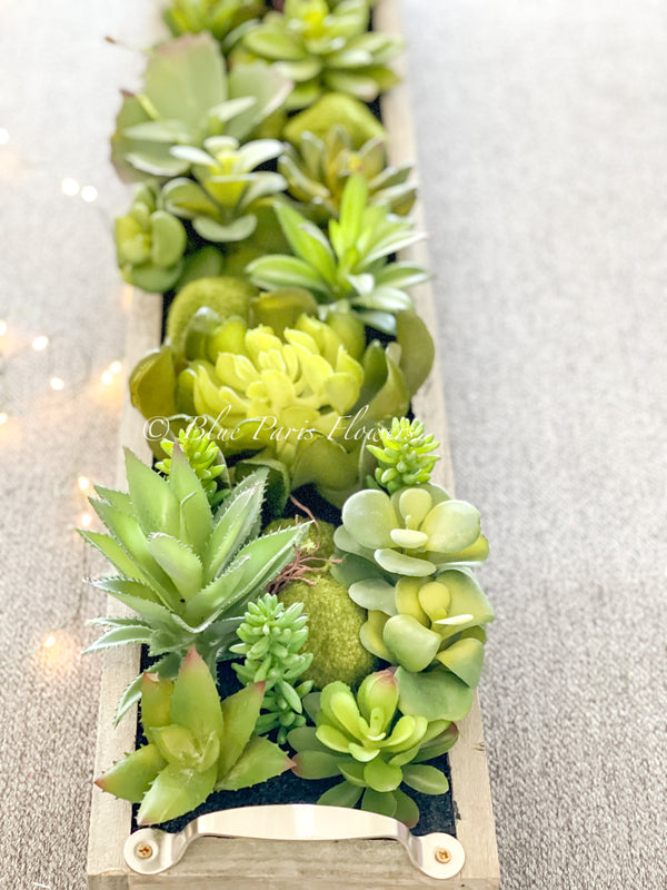 34” Long Succulents in Wood Base, Faux Artificial Greens Succulents Plants Table Centerpiece Floral Decor Centerpiece Faux Florals