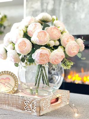 X-Large Light Pink Rose Peony Arrangement, Artificial Faux Centerpiece, Silk Flowers in Glass Vase for Home Decor