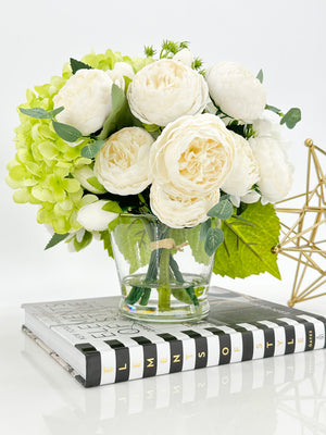 White Green Hydrangeas Peony | French Country |Arrangement in Clear Glass Vase with clear acrylic water for Home Decor by Blue Paris Flowers