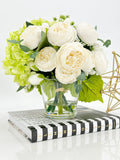 White Green Hydrangeas Peony | French Country |Arrangement in Clear Glass Vase with clear acrylic water for Home Decor by Blue Paris Flowers