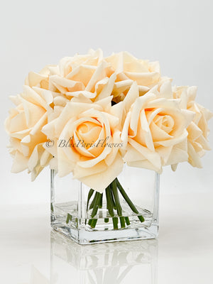 Real Touch Cream Roses Arrangement in Vase, French Country Artificial Flowers Faux Floral Home Decor Realistic Arrangement Blue Paris