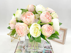 Modern Pink/White Peony Arrangement Artificial Faux Flower Centerpiece, French Country Floral Decor, Silk Flowers in Vase Home Decor by Blue