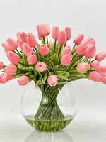 X-Large 60 Pink Tulips, French Modern Faux Floral Arrangement, Real Touch Artificial Faux Forever Flowers in Glass Vase, Fake, Wedding Decor