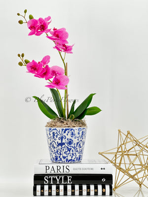Real Touch Elegant Magenta Double Stems Phalaenopsis Orchid Arrangement, French Country Luxury Flower in Vase Table Centerpiece Modern Decor