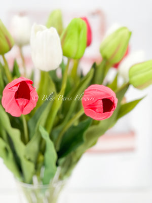 Red White Green 22” Real Touch Tulips Modern Arrangement Centerpiece | Real Touch Artificial Faux Forever Flowers