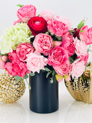 French Style Floral Arrangement, Pink Peonies Silk/Real Touch Rose Artificial Flower Centerpiece Faux Flower Unique Handmade Gift Decor