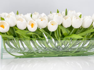 Modern Long White REAL TOUCH Tulip Arrangement Artificial Faux Centerpiece Floral Flower Arrangement Faux Flowers Glass Vase French Decor