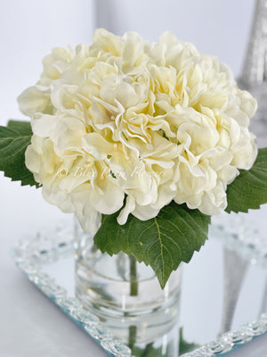 Off-White Hydrangeas in Glass Vase, Artificial Faux Flower Arrangement, Silk Flower Centerpiece, Floral Arrangement Decor, Gift