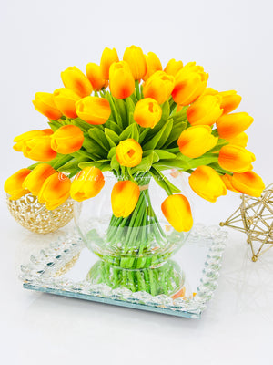 Large 50 Orange Tulips | Modern Faux Floral Arrangement Real Touch Artificial Centerpiece Faux Flowers in Glass Vase Faux Flowers in Vase