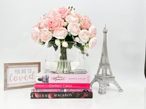 Large Light Pink Rose Peony, Real Touch Roses, French Co Arrangement, Artificial Faux Centerpiece, Silk Flowers in Glass Vase for Home Decor