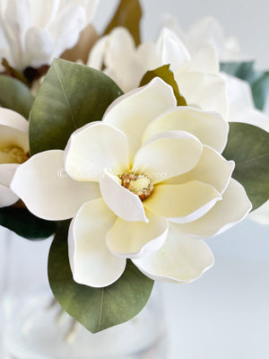 Luxurious White Magnolia Arrangement Real Touch/Silk Artificial Faux Centerpiece-Fake Flower Centerpiece-Home Decor Floral Gift Blue Paris