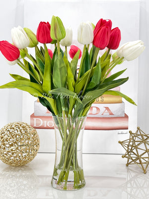 Red White Green 22” Real Touch Tulips Modern Arrangement Centerpiece | Real Touch Artificial Faux Forever Flowers