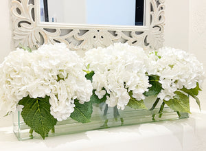 Modern Long REAL TOUCH Hydrangeas Arrangement Artificial Faux Centerpiece Floral Flower Arrangement Silk Flowers Glass Vase French Decor
