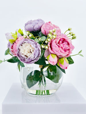Purple/Pink or Magenta Pink Rose Peony Arrangement, Artificial Faux Centerpiece, Faux Florals, Silk Flowers in Glass Vase by Blue Paris