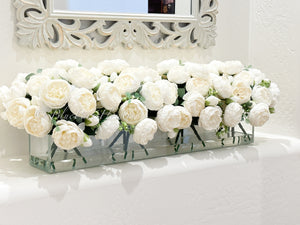 Modern Long White Rose Peony Arrangement, Artificial Faux Centerpiece Floral Flower Arrangement, Silk Flowers Glass Vase Home Decor