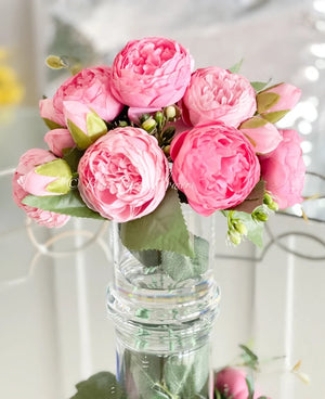 Pink Rose Peony Arrangement, Artificial Faux Table Centerpiece, Faux Florals, Silk Flowers Arrangement in Glass Vase by Blue Paris