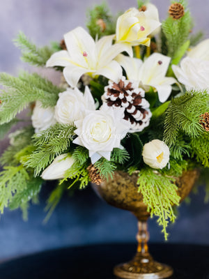 Winter French Elegant Real Touch Artificial Flower Arrangement-Christmas Faux Centerpiece-Flowers- White Roses Flower Centerpiece Gift-Decor