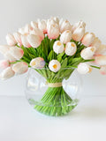 X-Large 60 Light Pink Tulips | Modern Faux Floral Arrangement | Real Touch Artificial Faux Forever Flowers in Glass Vase, Faux Flowers, Vase