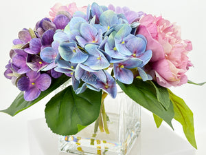 Lavender Purple Blue Peonies and Real Touch Hydrangeas Arrangement Artificial Faux Centerpiece, Soft Touch Floral Flowers in Vase Home Decor