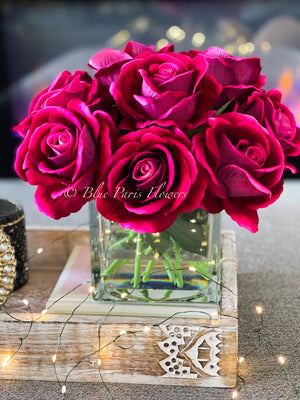 Fuchsia Velvet Roses Arrangement, Artificial Faux Centerpiece, Natural Touch Flowers in Glass Vase Home Decor, Floral Arrangement Blue Paris
