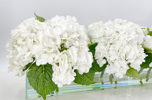Modern Long REAL TOUCH Hydrangeas Arrangement Artificial Faux Centerpiece Floral Flower Arrangement Silk Flowers Glass Vase French Decor