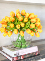 Large 50 Orange Tulips | Modern Faux Floral Arrangement Real Touch Artificial Centerpiece Faux Flowers in Glass Vase Faux Flowers in Vase