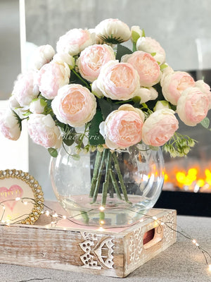 X-Large Light Pink Rose Peony Arrangement, Artificial Faux Centerpiece, Silk Flowers in Glass Vase for Home Decor