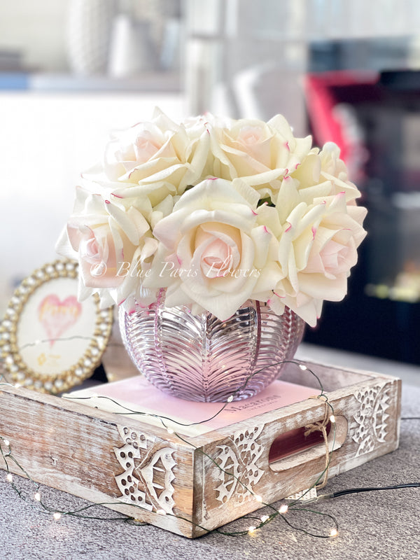 Real Touch Blush Rose Arrangement | French Floral Centerpiece Artificial Faux Forever Flowers in Rose-gold Vase for Home Decor by Blue Paris decor