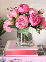 Pink Rose Peony Arrangement, Artificial Faux Table Centerpiece, Faux Florals, Silk Flowers Arrangement in Glass Vase by Blue Paris