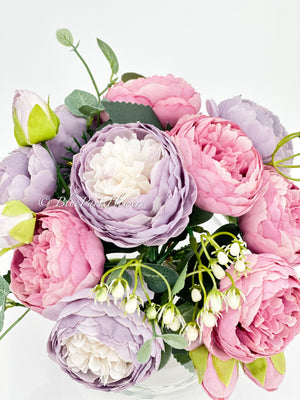 Purple/Pink or Magenta Pink Rose Peony Arrangement, Artificial Faux Centerpiece, Faux Florals, Silk Flowers in Glass Vase by Blue Paris