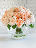 45 Cream & Peach Rose Arrangement Artificial Faux Silk Flowers in Glass Vase, Modern French Decor, Floral Centerpiece, Home Decor Gift Blue Paris