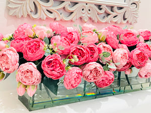 Modern Long Pink Rose Peony Arrangement Artificial Faux Centerpiece Floral Flower Arrangement Silk Flowers Glass Vase French Decor