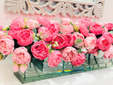 Modern Long Pink Rose Peony Arrangement Artificial Faux Centerpiece Floral Flower Arrangement Silk Flowers Glass Vase French Decor