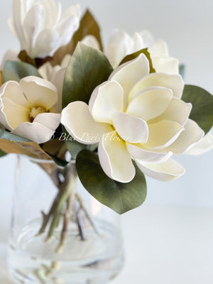 Luxurious White Magnolia Arrangement Real Touch/Silk Artificial Faux Centerpiece-Fake Flower Centerpiece-Home Decor Floral Gift Blue Paris