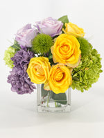 Modern Floral Arrangement | French Country | Table Centerpiece, Yellow, Lavender | Unique Floral Faux Flowers in Glass Vase for Home Decor