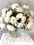 X-Large White Rose Peony Arrangement, Artificial Faux Centerpiece, Silk Flowers in Glass Vase for Home Decor