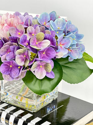 Lavender Purple Blue Peonies and Real Touch Hydrangeas Arrangement Artificial Faux Centerpiece, Soft Touch Floral Flowers in Vase Home Decor