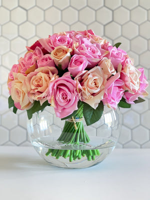 45 Pink & Peach Rose Arrangement Artificial Faux Silk Flowers in Glass Vase, Modern French Decor, Floral Centerpiece, Home Decor Gift