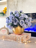 Unique Blue Roses Arrangement | Silk Florals | French Country | Artificial Faux Forever Flowers in Gold Metal Vase Home Decor by Blue Paris