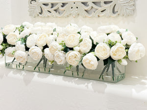 Modern Long White Rose Peony Arrangement, Artificial Faux Centerpiece Floral Flower Arrangement, Silk Flowers Glass Vase Home Decor